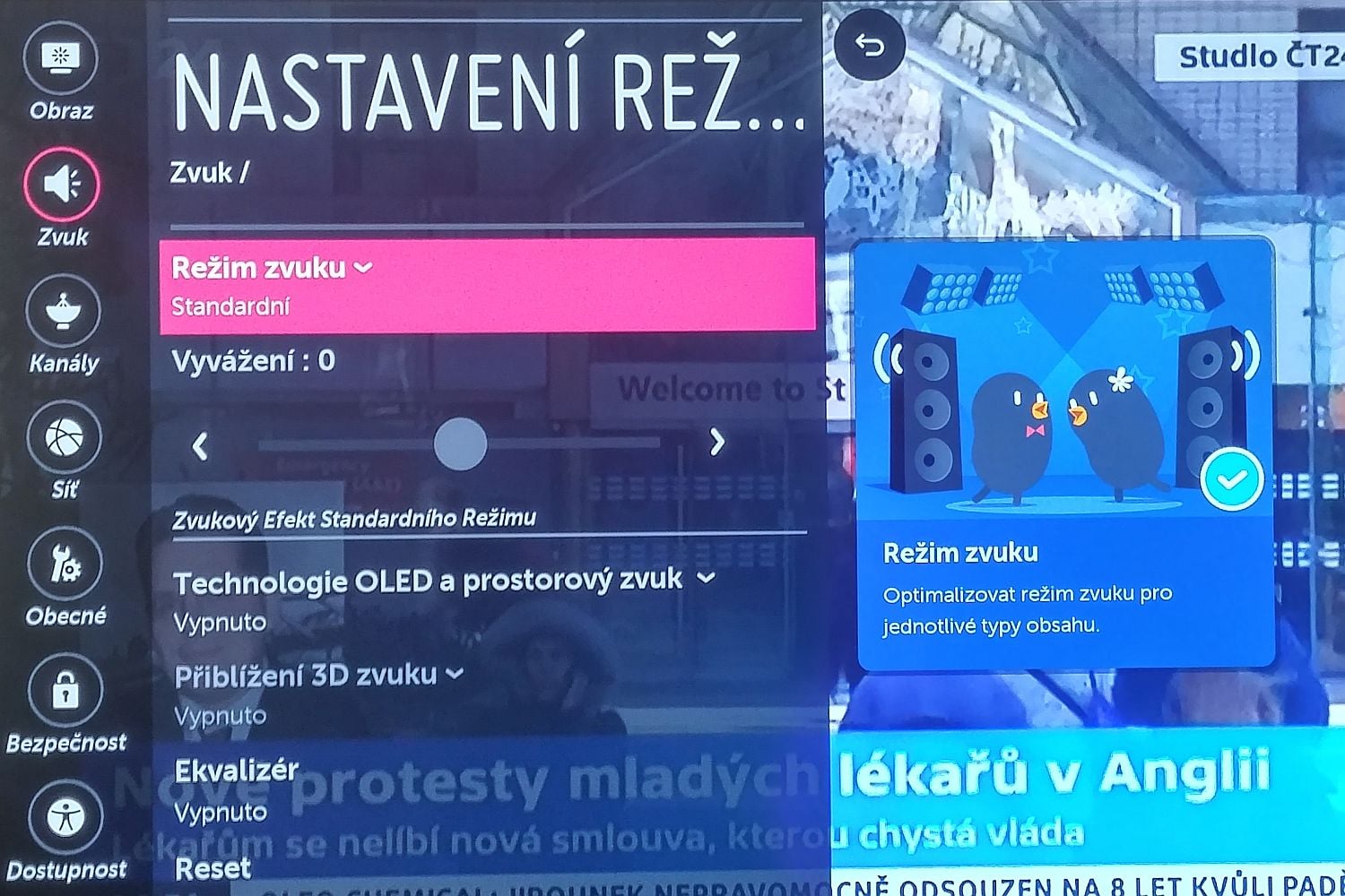 LG Signature OLED - menu nastavení