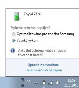 Nastavení napájení začněte konfigurovat klepnutím na ikonku napájení, která se nachází v Hlavním panelu