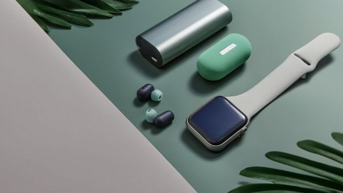 Bezdrátová sluchátka, chytré hodinky, powerbanka a Bluetooth reproduktor v estetické kompozici umístěné společně a ponechávají volný prostor vlevo.