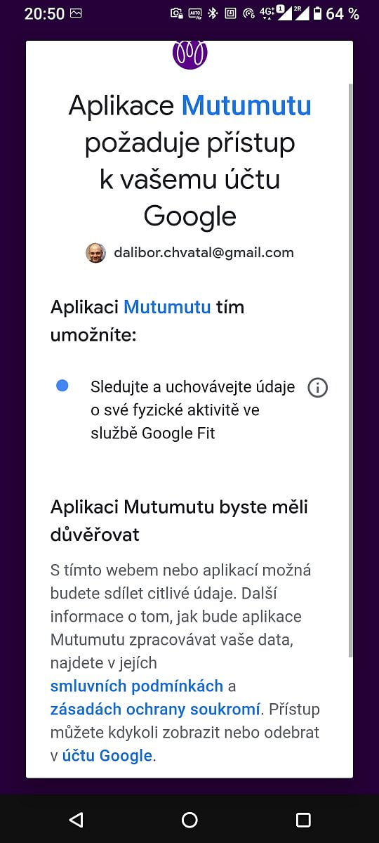 Propojení aplikace s Google Fit. (12/2020)