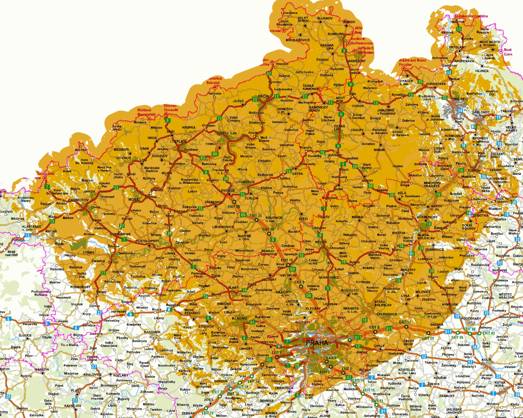 Orientační pokrytí signálem DVB-T2 z vysílače Buková hora (Multiplex 21 České televize)