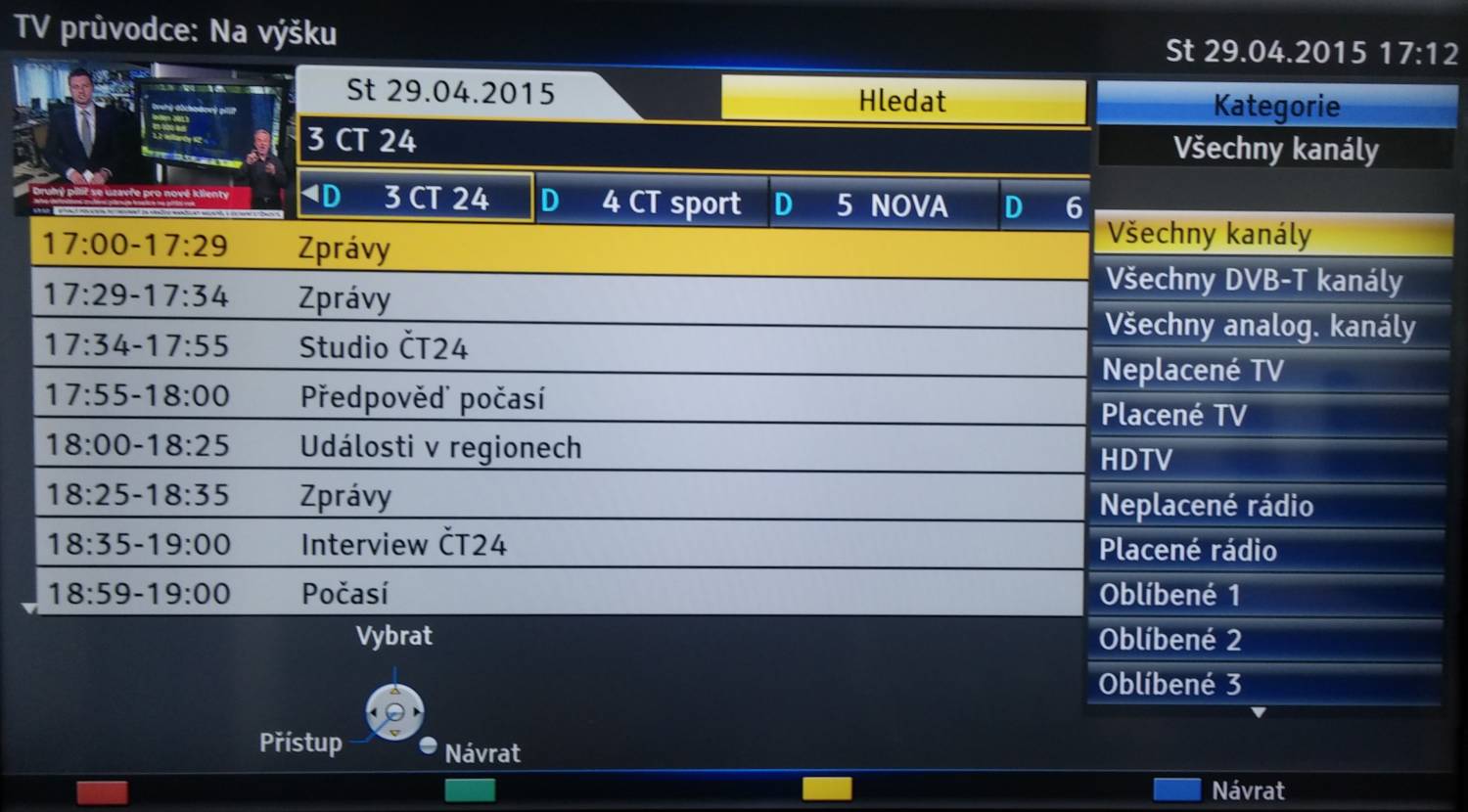 Výpis programové nabídky podle kategorií a také druhu naladěných tunerů.