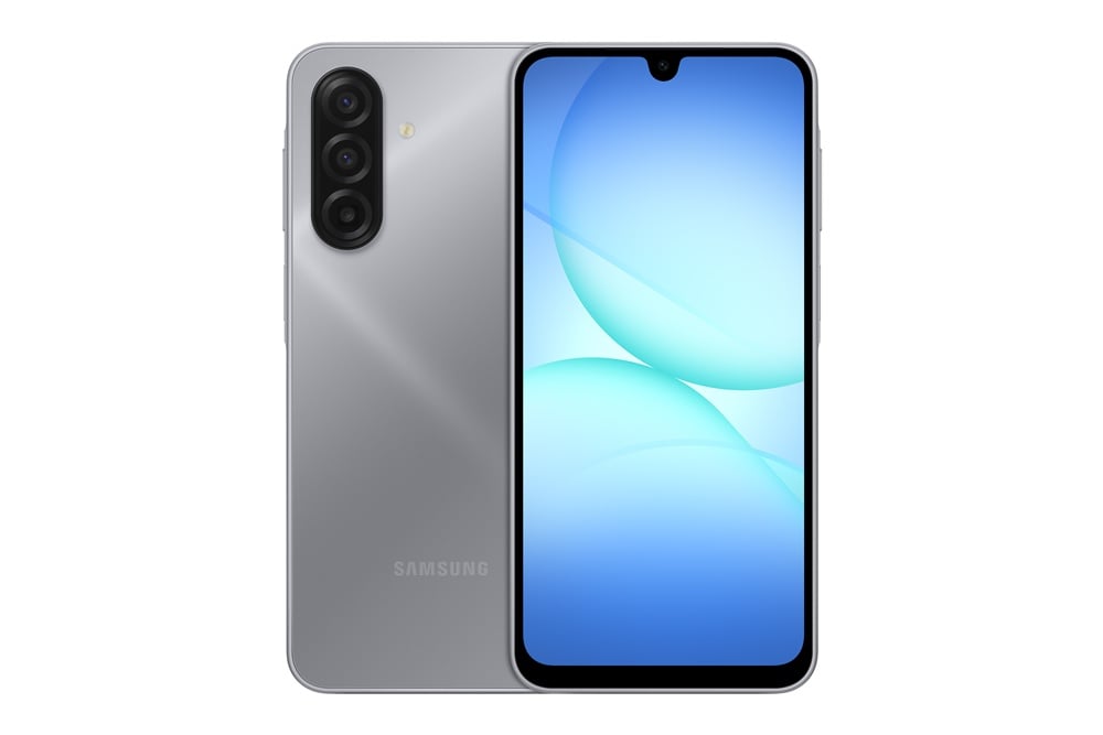 Šedý Samsung Galaxy A17 LTE, zadní strana a zapnutý displej.