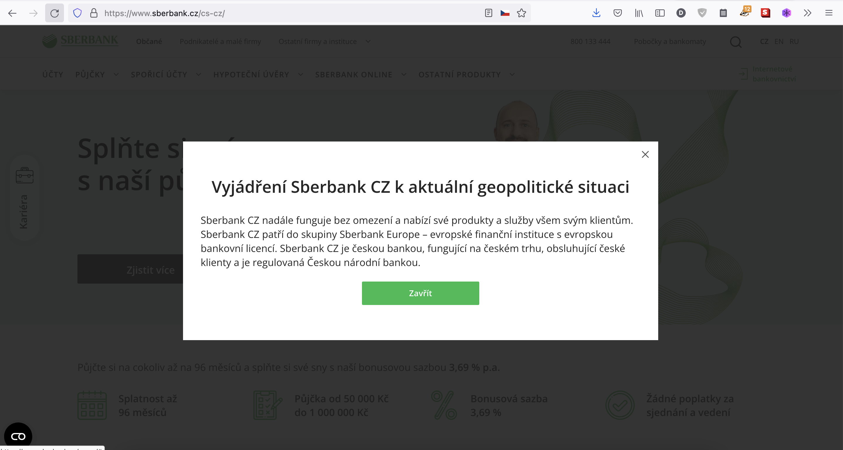 Webová strána české Sberbank v 1. den války, kterou Rusko zahájilo. (24. 2. 2022)