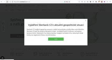 Webová strána české Sberbank v 1. den války, kterou Rusko zahájilo. (24. 2. 2022)