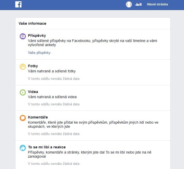 Přehled informací o uživateli uchovávaných Facebookem