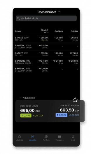 Ukázka sekce Watchlist investiční aplikace Fio banky Smartbroker.