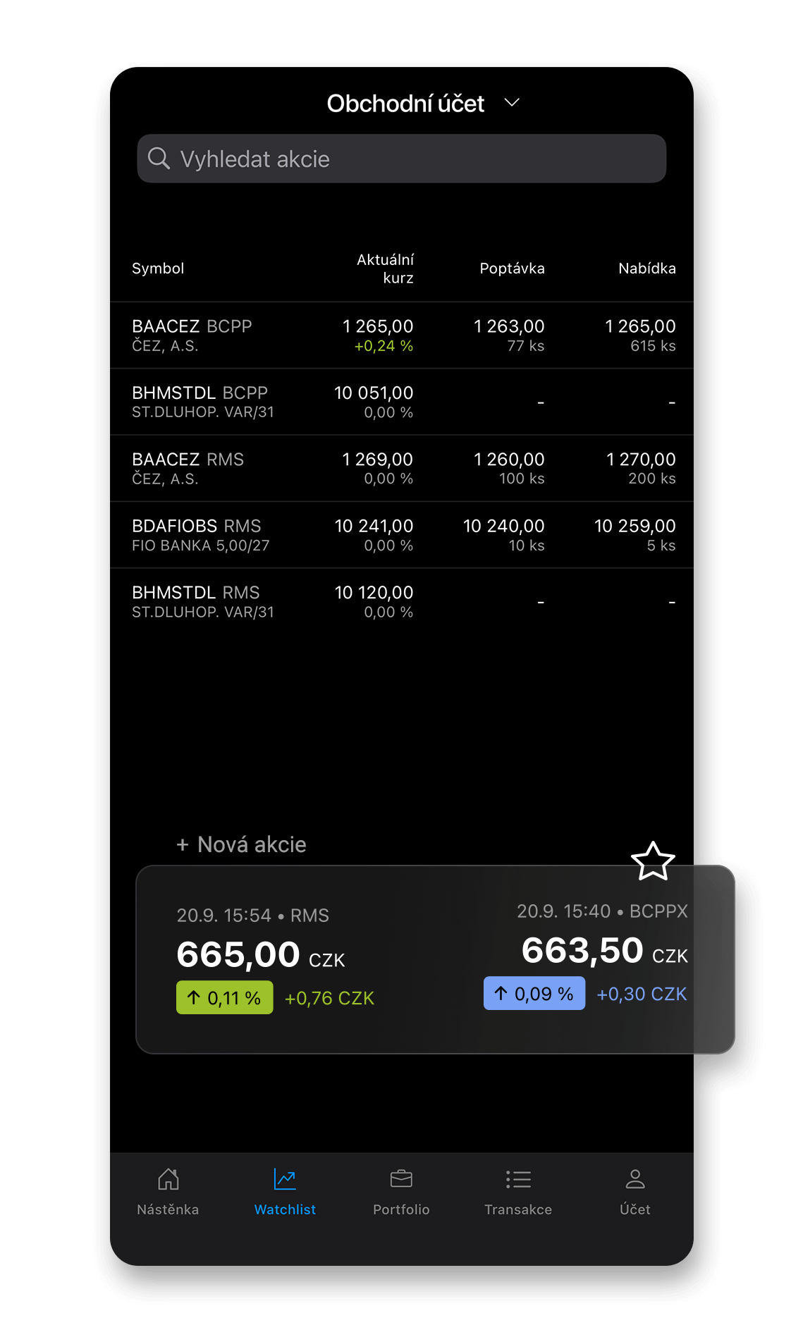 Ukázka sekce Watchlist investiční aplikace Fio banky Smartbroker.