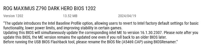 Aktualizace přidávající volbu Intel Baseline Profile na desku Asus ROG Maximus Z790 Dark Hero