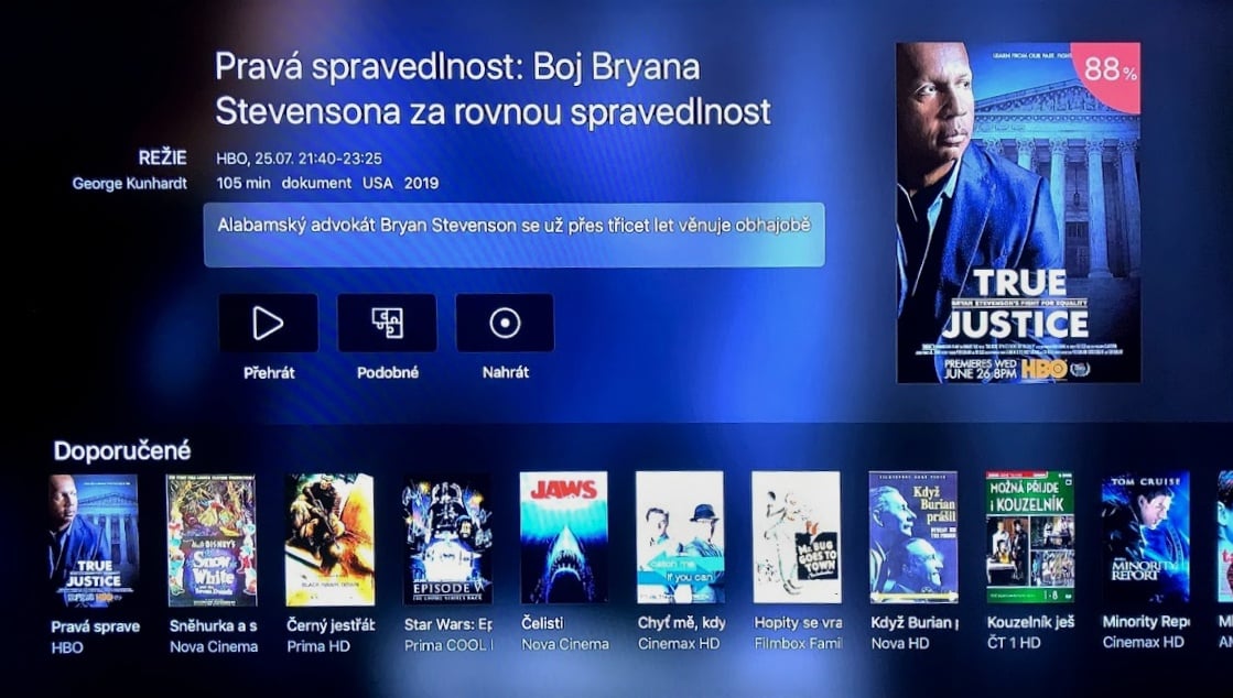 Sekce Doporučujeme v aplikaci Digi TV na Apple TV