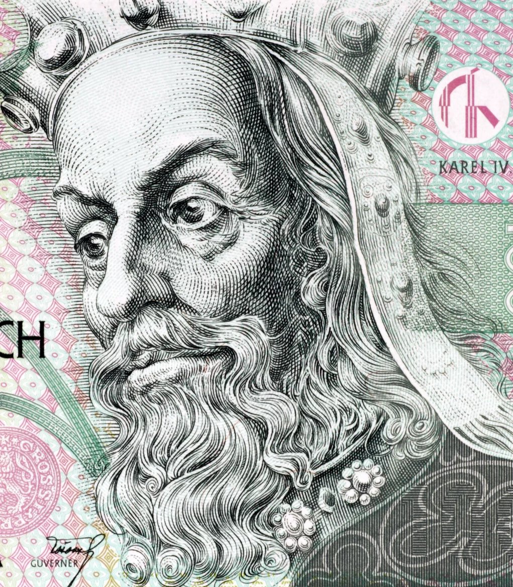 Karel IV. na stokorunové bankovce. Autorem je grafik Oldřich Kulhánek.