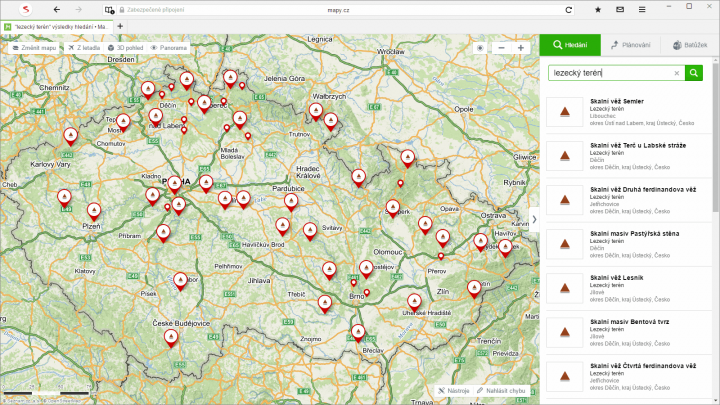 Mapy.cz s databází lezeckých skal