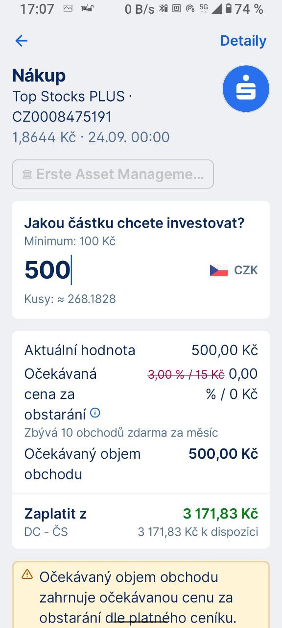 Příklad sjednání pravidelného investování po 500 Kč měsíčně. Mobilní bankovnictví. Česká spořitelna. Celý proces zabere cca 5 minut.