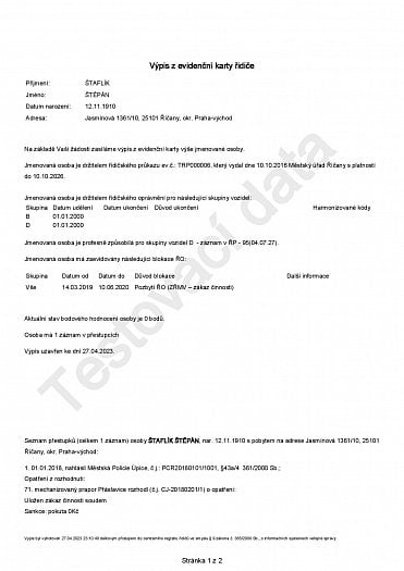Ukázka výpisu z evidenční karty řidiče
