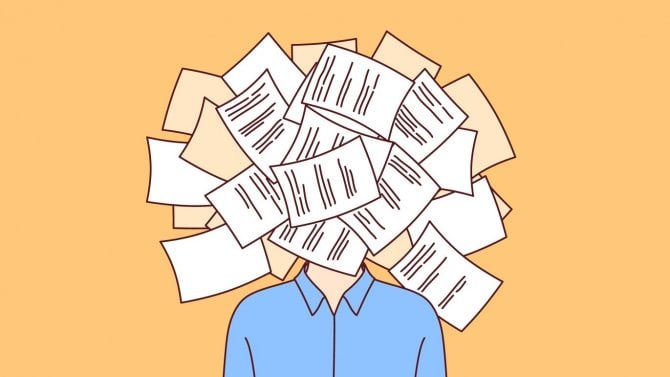 Kreslený obrázek muže, který má místo hlavy papíry.