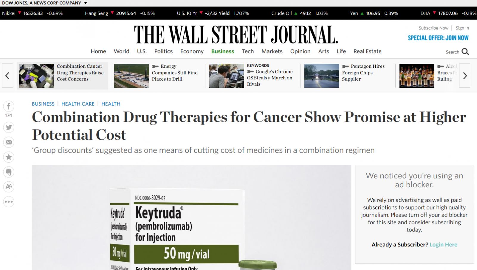 O vypnutí blokátoru nebo koupi předplatného ale žádají i velké zahraniční weby - třeba Wall Street Journal.