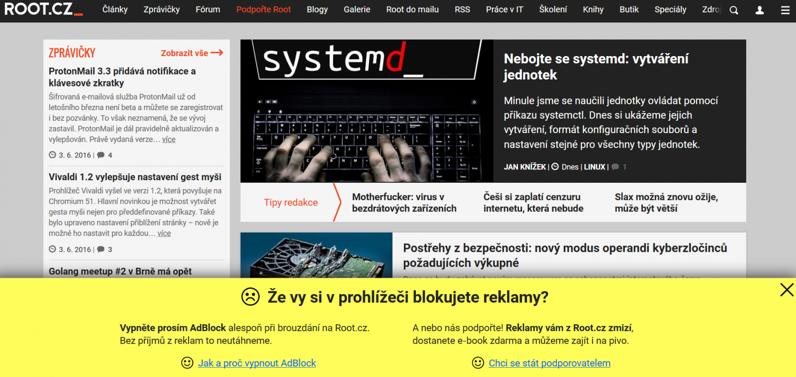 Pro pořádek dodejme, že prosbu o vypnutí blokátorů zobrazují i některé weby našeho vydavatelství Internet Info - například Root.cz.
