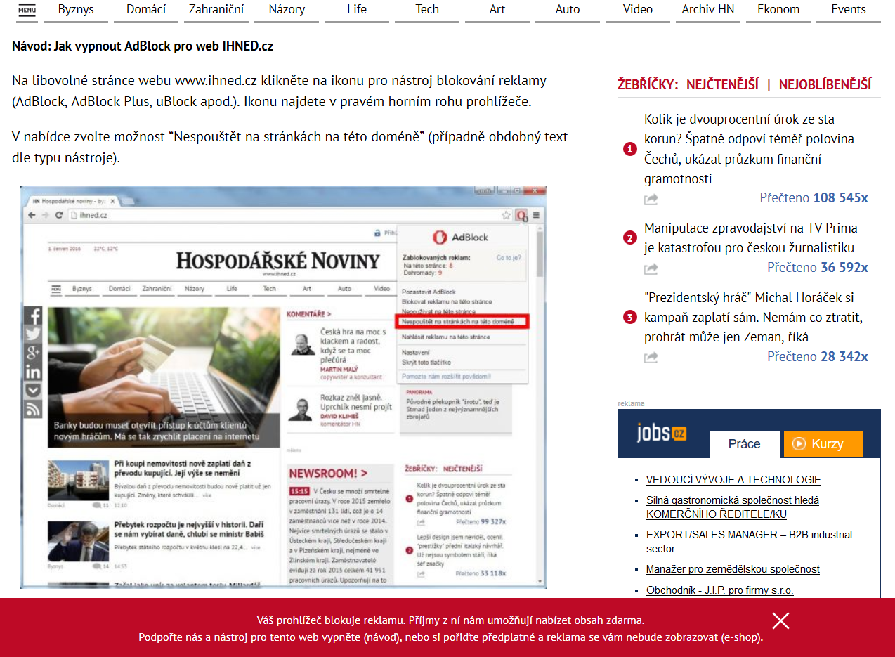 Ani tady nechybí návod, jak blokátor na IHNEDu vypnout.