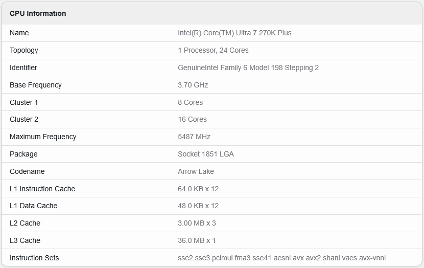 Procesor Intel Core Ultra 7 270K Plus v Geekbench