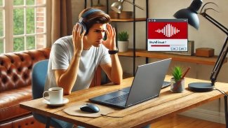 Frustrovaný muž u počítače, kterému nefungují sluchátka