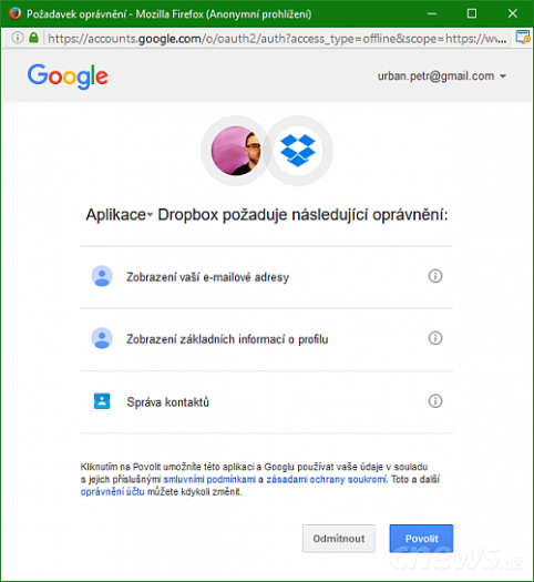 Přihlášení k Dropboxu přes Google napoprvé vyžaduje schválení