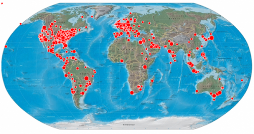 Geografické zastoupení tweetů o bin Ladinově smrti dne 2.5.2011