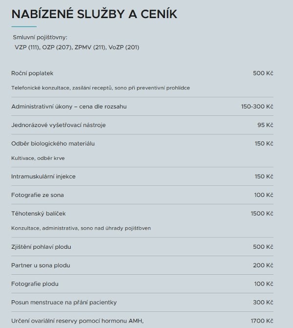 Ceník jedné z gynekologických ordinací
