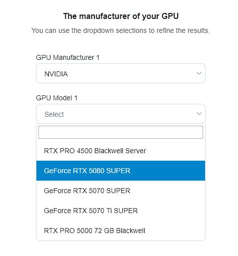 GeForce RTX 5080 Super v kalkulátoru výkonu zdroje Seasonicu