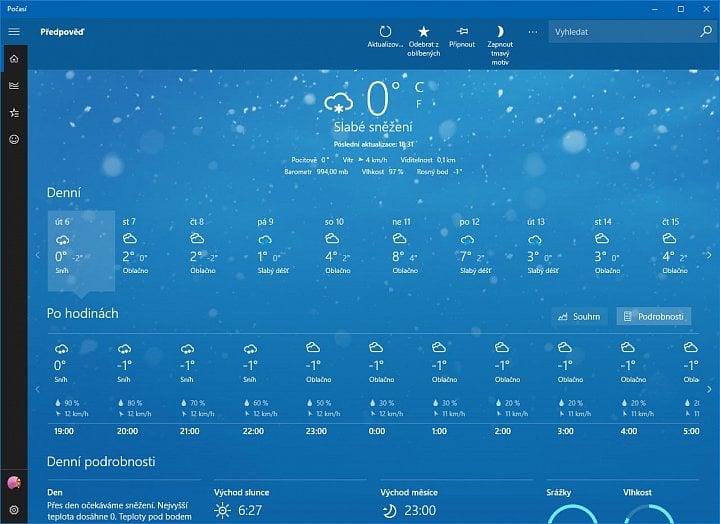 Počasí mění fungování tlačítka se třemi tečkami. Odkaz do nastavení je umístěn vlevo dole