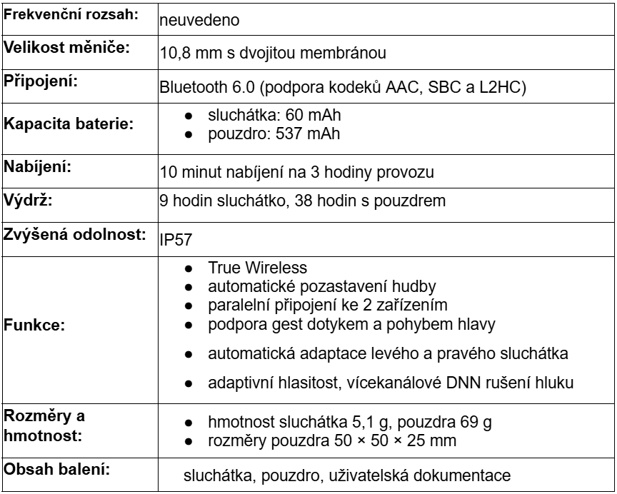 Parametry sluchátek Huawei FreeClip 2
