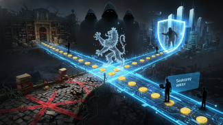 Symbolická ilustrace digitalizace české státní správy. Český lev stojí na rozcestí mezi moderní digitální dálnicí financovanou z EU a starou cestou plnou byrokratické pásky. V pozadí jsou hrozby v podobě hackerů a siluety odcházejících IT expertů, což symbolizuje personální krizi.