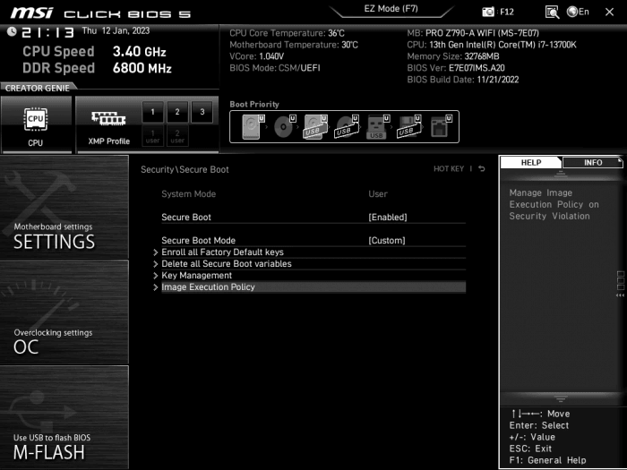 Volba Image Execution Policy v UEFI firmwaru desky MSI