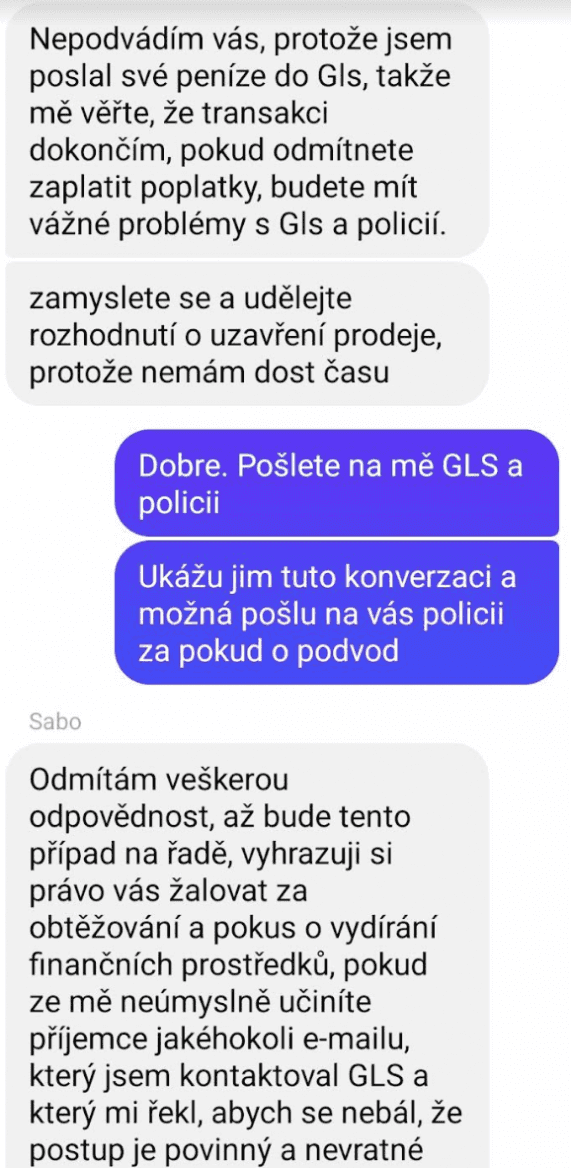 Komunikace s internetovým podvodníkem při prodeji zboží v bazaru