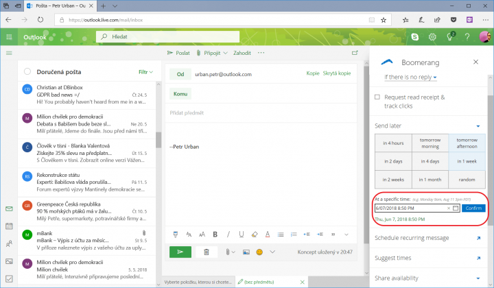 Vybrat si můžete také konkrétní den a čas odeslání