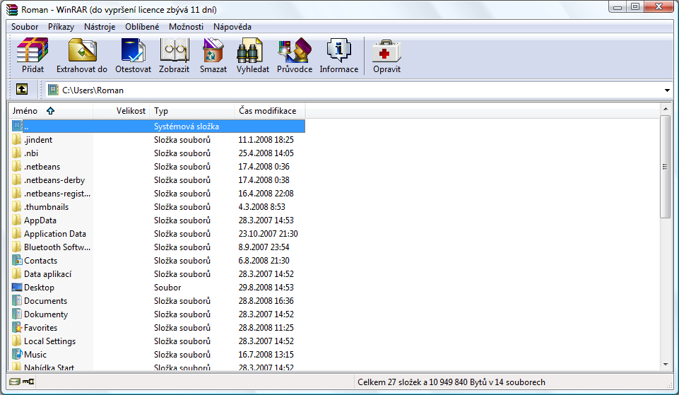 Okno programu WinRAR