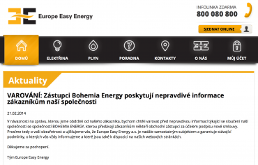 Europe Easy Energy varuje před společností Bohemia Energy Entity.