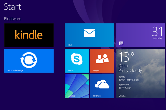 Bloatware v podobě aplikace pro nové rozhraní modern UI ve Windows 8 je rovněž nechtěný, nicméně ve srovnání s bloatwarem určeným pro pracovní plochu není tak otravný.
