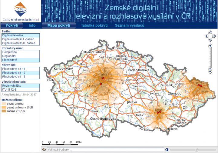 Mapa pokrytí DVB-T2 v květnu 2017