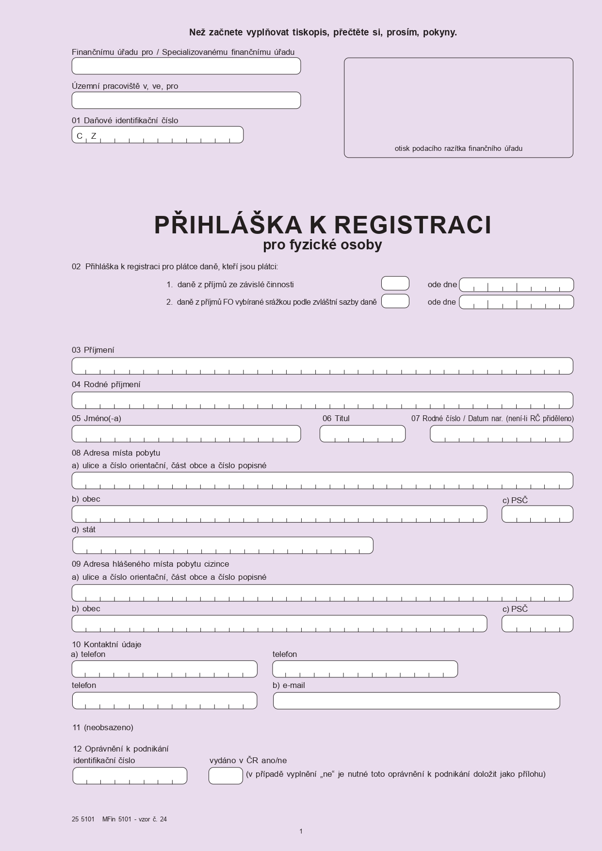 Přihláška k registraci pro fyzické osoby