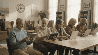 senioři u notebooků  a tabletů sedí u stolu