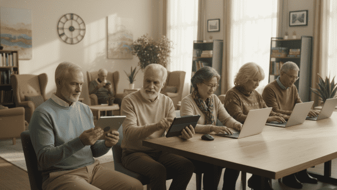 senioři u notebooků  a tabletů sedí u stolu