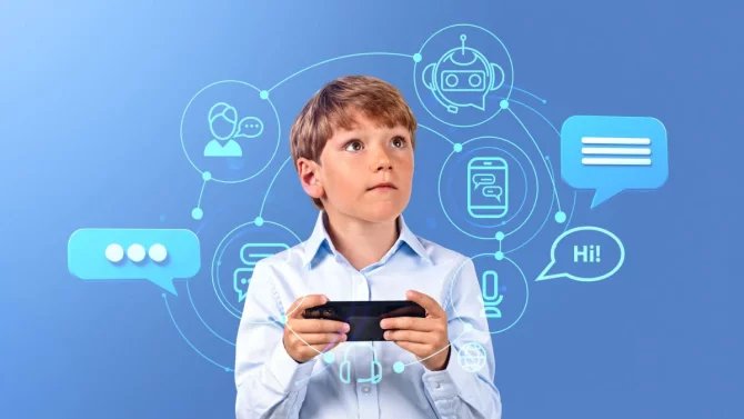 chlapec využívá moderní technologie, modré pozadí
