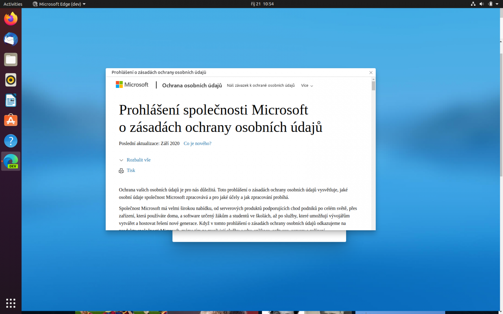 Microsoft Edge preview v Ubuntu