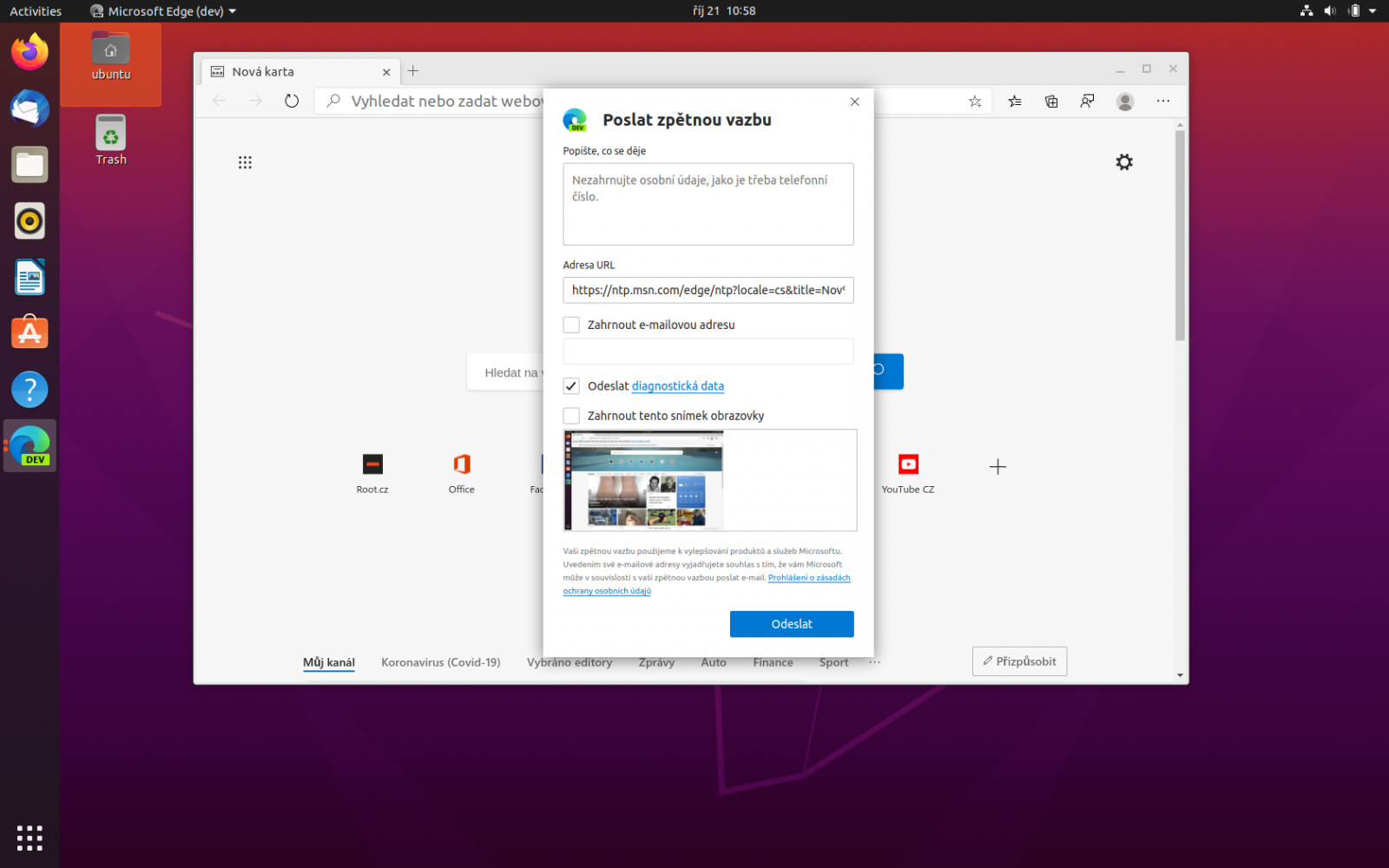 Microsoft Edge preview v Ubuntu