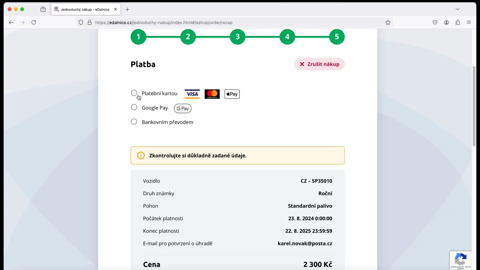 Zkontrolujte si zadané údaje a zvolte způsob platby.
