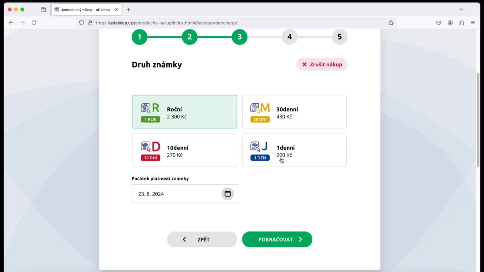 Zadejte, o jaký typ známky máte zájem.