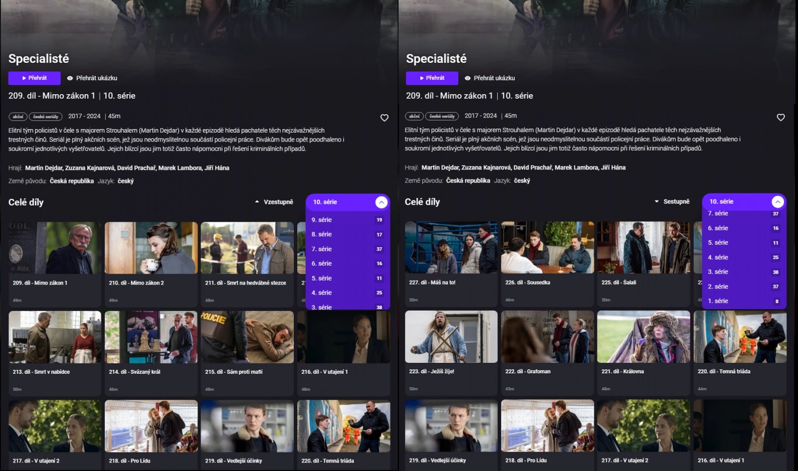Voyo - řazení epizod seriálu