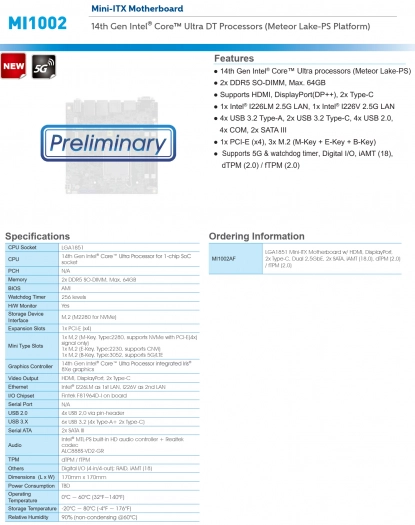 IoT základní deska iBase MI1002 pro procesory Meteor Lake-PS do socketu LGA 1851