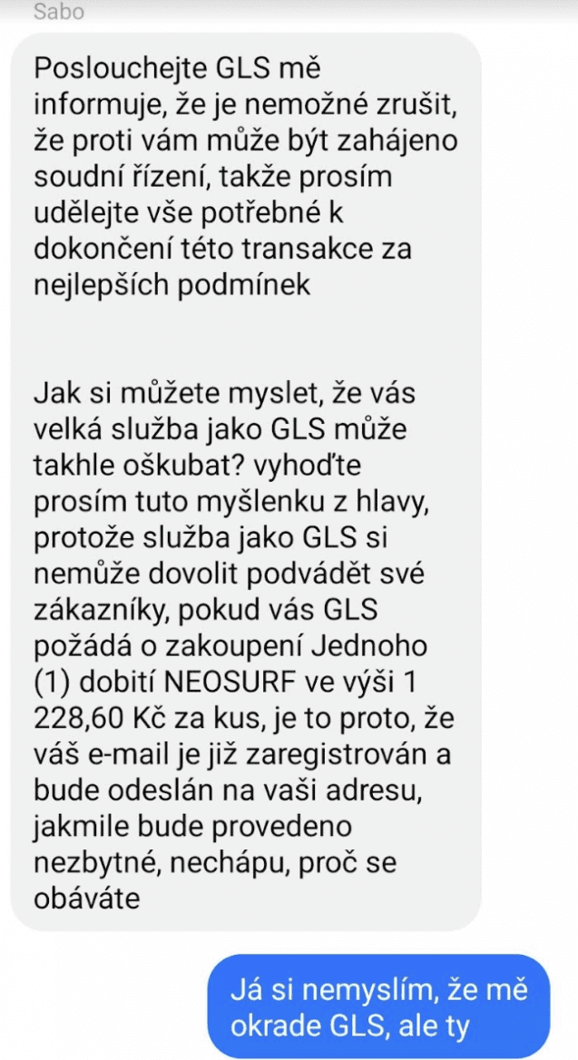 Komunikace s internetovým podvodníkem při prodeji zboží v bazaru