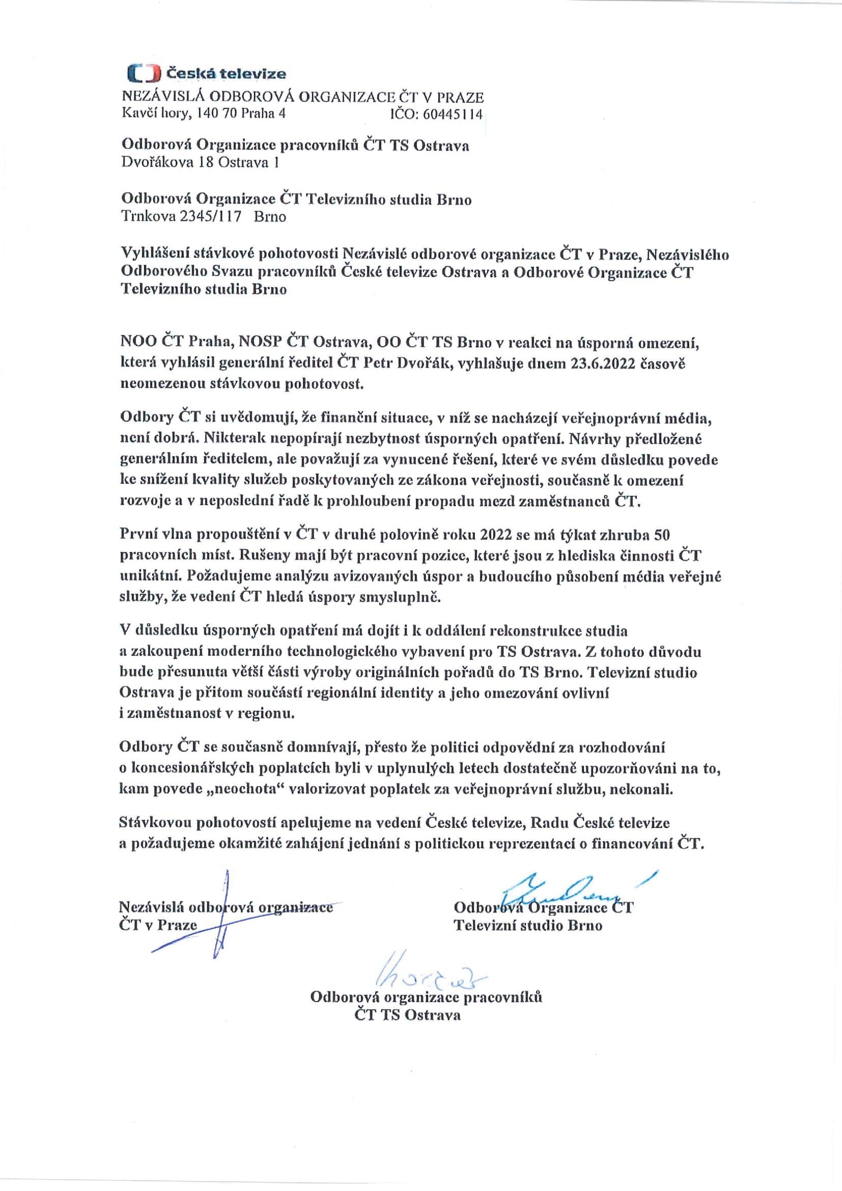 Dopis, kterým odbory oznámily stávkovou pohotovost v České televizi.